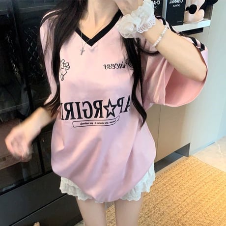 Tシャツ ユニフォーム風 サイドライン Vネック トップス 半袖 オーバーサイズ レトロ 韓国ファッション レディース 大人可愛い ガーリー スポーツミックス DTC-812444710826
