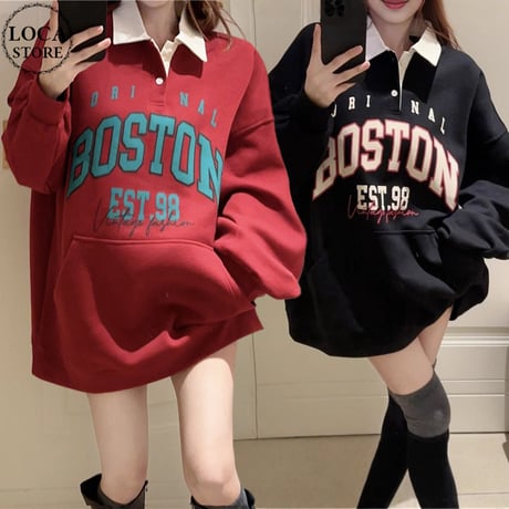 ポロカラー トップス 大きめロゴ BOSTONプリント 配色 プルオーバー オーバーサイズ ゆったり ルーズ 長袖 レトロ 大人可愛い ガーリー カジュアル DTCA-871393991749