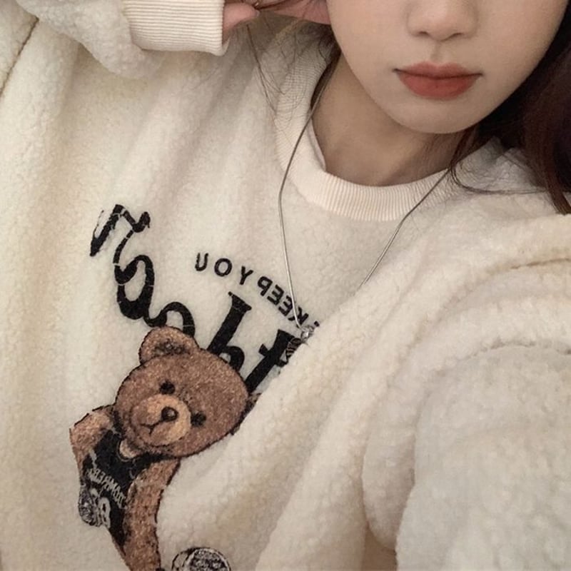 韓国 レディース チェッカーフラッグ ベア くま トレーナー 白 fit=scale-down,w=1200