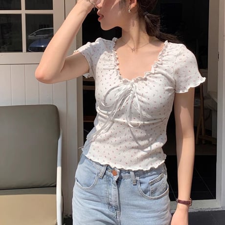 小花柄 ブラウス フリル リボン Tシャツ トップス ショート丈 スリムフィット レースアップ 半袖 レトロ 大人可愛い ガーリー カジュアル フェミニン DTCA-805742781968