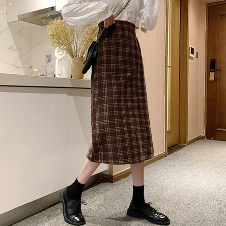 チェック柄 コーデュロイスカート ハイウエスト 韓国ファッション レディース ロングスカート タイトスカート 大人可愛い ガーリー DTC-628449073016