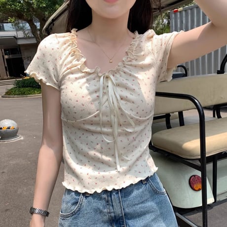 小花柄 ブラウス フリル リボン Tシャツ トップス ショート丈 スリムフィット レースアップ 半袖 レトロ 大人可愛い ガーリー カジュアル フェミニン DTCA-805742781968