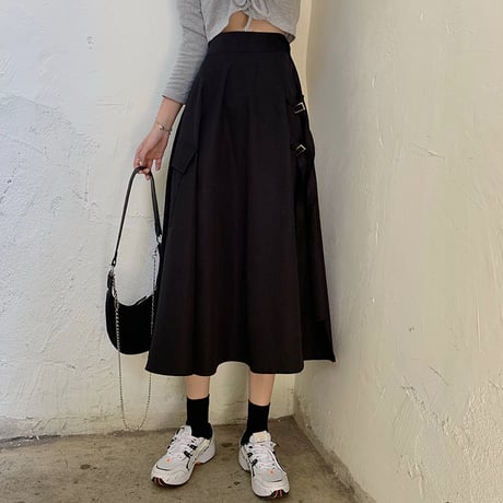 アシンメトリー スカート スプリットスカート 韓国ファッション レディース ロングスカート Aライン バックル ハイウエスト シンプル ガーリー DTC-622923112915