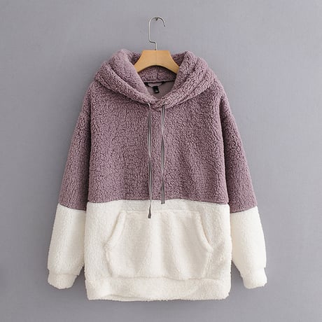 ボアパーカー バイカラー プルオーバー 韓国 ファッション レディース ストリート系 ルーズ トップス フード付き オーバーサイズ 秋冬 秋 冬 (DTC-603947172511)