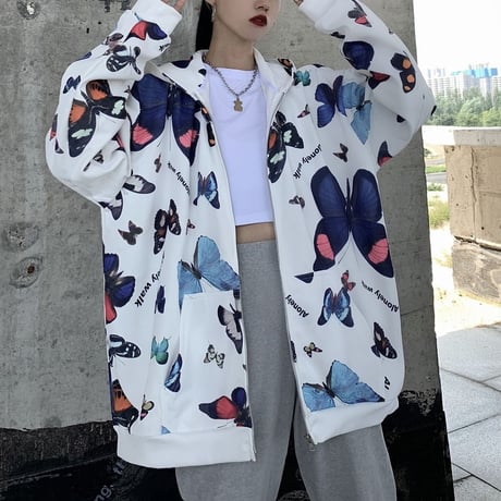 ユニセックス パーカー バタフライ 蝶 ジップアップ 長袖 オーバーサイズ 韓国ファッション メンズ レディース カジュアル ストリートファッション DTC-655102727322