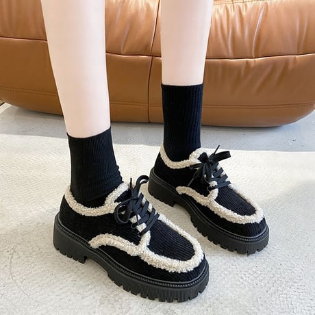 厚底 ボア スニーカー ローファー 22.5～25.0cm スエード シューレース 秋 冬 歩きやすい 疲れない 大人可愛い ガーリー カジュアル DTC-655977044609