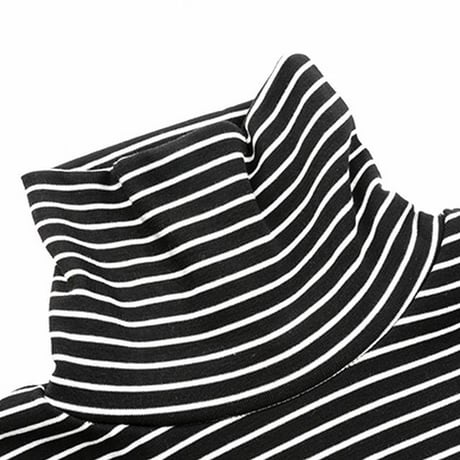 ストライプ スリムフィット カットソー ハイネック 韓国ファッション レディース 起毛 タートルネック タイト 長袖 Tシャツ レトロ (DTC-608574695103)