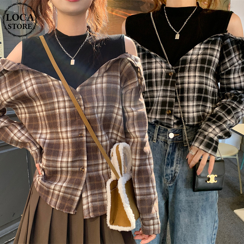 チェック柄 フェイクレイヤード ドッキングトップス チェックシャツ