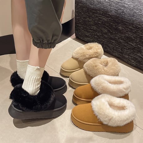 厚底 ムートンブーツ スリッポン ショート丈 フェイクファー 厚底ブーツ 裏起毛 ブーツ 保温 防寒 暖かい もこもこ カジュアル 韓国ファッション レディース DTCA-740558533782