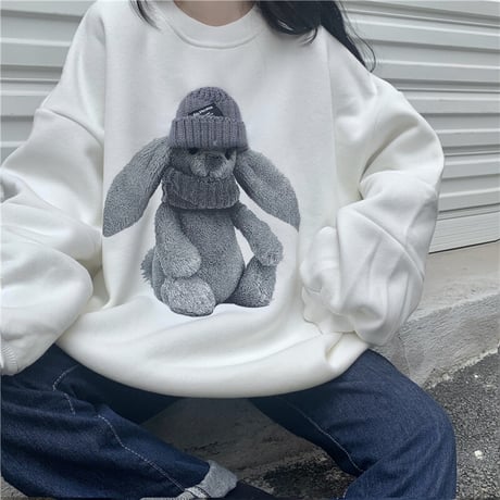 トレーナー うさぎ ラビット スウェット 厚手 オーバーサイズ 長袖 ゆったり レトロ 韓国ファッション レディース 大人可愛い ガーリー カジュアル DTC-659139065147