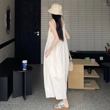 ノースリーブ ワンピース ギャザー ゆったりウエスト ロングワンピース Aライン 体型カバー ルーズ レトロ 大人可愛い ガーリー 韓国ファッション レディース DTC-809589554371