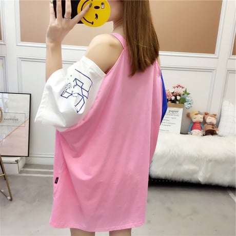 レディース 肩開き 肩出し バイカラー Tシャツ ゆったり 半袖 チュニック オフショルダー 韓国ファッション オルチャン (DCT-586776858110)