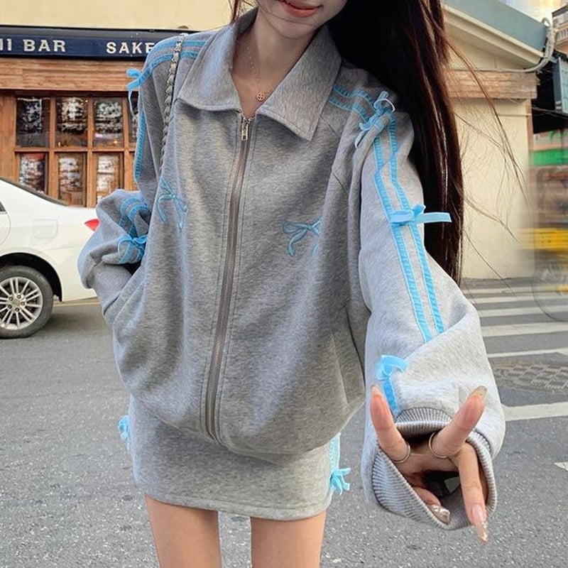 セットアップ 上下セット サイドライン リボン ジップアップ トップス