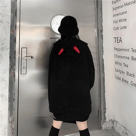 悪魔の角 フード ボアジャケット ボアブルゾン ラムウール 韓国ファッション レディース ボアパーカー ゆったり アウター 大人可愛い ガーリー DTC-630246238892