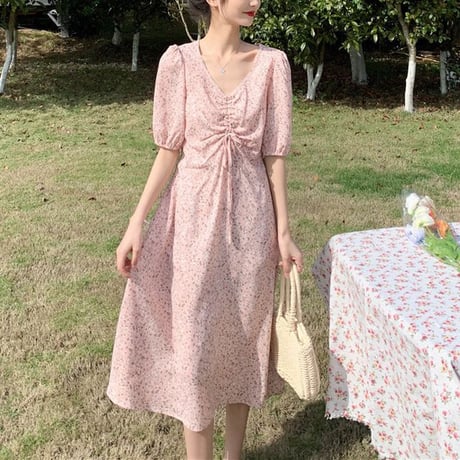 花柄ワンピース ギャザー Vネック パフ袖 ハイウエスト 半袖 Aライン ロング丈 シンプル 韓国ファッション レディース 大人可愛い ガーリー フェミニン DTC-644250041473