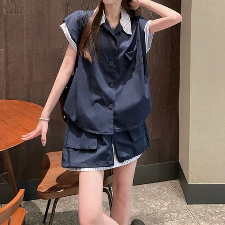 セットアップ 上下セット フェイクレイヤード トップス シャツ スカート ストライプ ルーズ ハイウエスト レトロ 韓国ファッション レディース 大人可愛い ガーリー DTC-801334818769