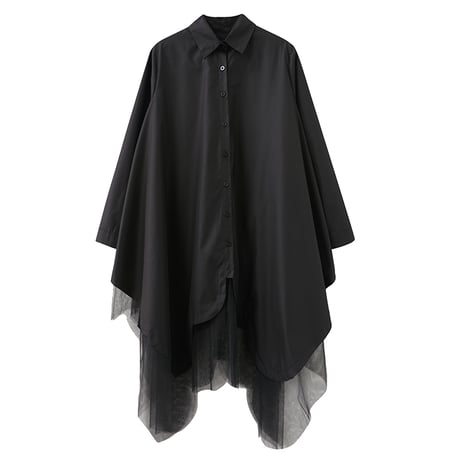 ロングシャツ シャツワンピース チュール シャツ ワンピース アシンメトリー ルーズ 長袖 レトロ 韓国ファッション レディース 大人可愛い ガーリー DTC-653970172988