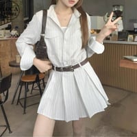 シャツワンピース ストライプ柄 ベルト付き プリーツ Aライン ハイウエスト シングルブレスト ミニワンピース 長袖 レトロ 大人可愛い ガーリー カジュアル DTCA-825519995274
