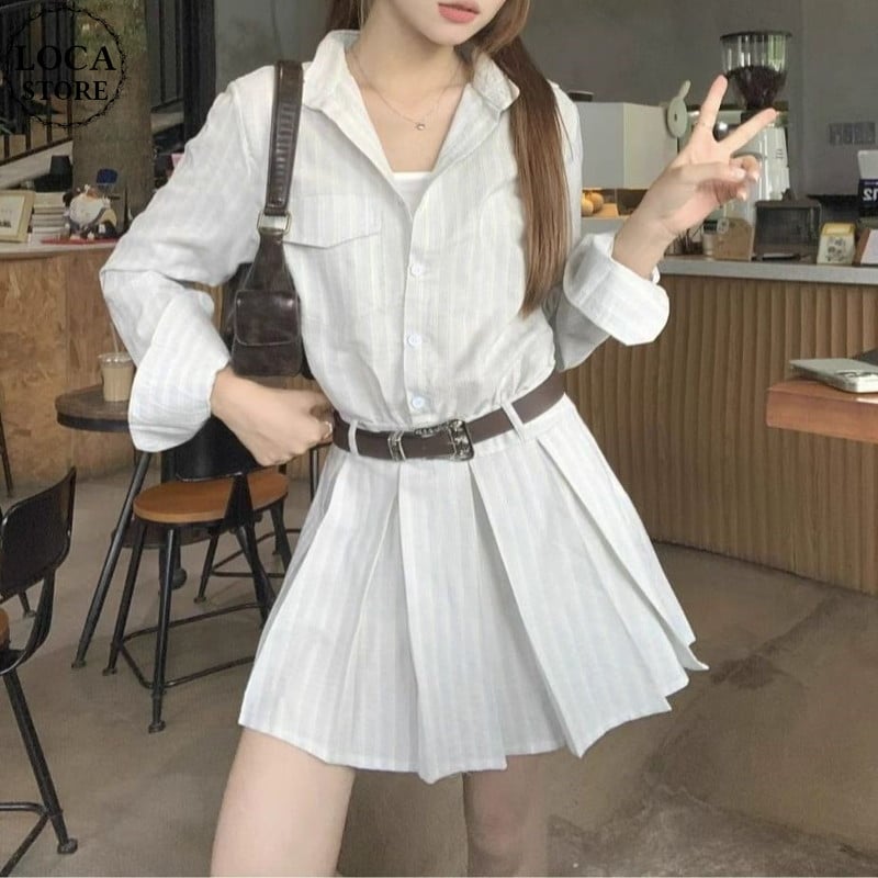 シャツワンピース ストライプ柄 ベルト付き プリーツ Aライン シャツワンピース ストライプ柄 ベルト付き プリーツ Aライン