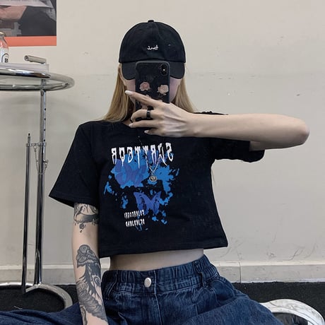 【2カラー】 Tシャツ バタフライ柄 クロップド丈 ショート丈 半袖 へそ出し レトロ 韓国ファッション レディース 大人可愛い ガーリー カジュアル ストリート系 DTC-618819881271