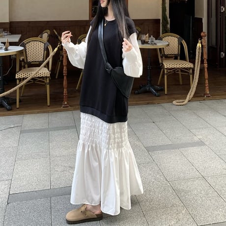 フェイクレイヤード ワンピース フェイクツーピース 切り替え ロングワンピース  Aライン ルーズ 長袖 レトロ 韓国ファッション レディース 大人可愛い ガーリー DTC-881028692653