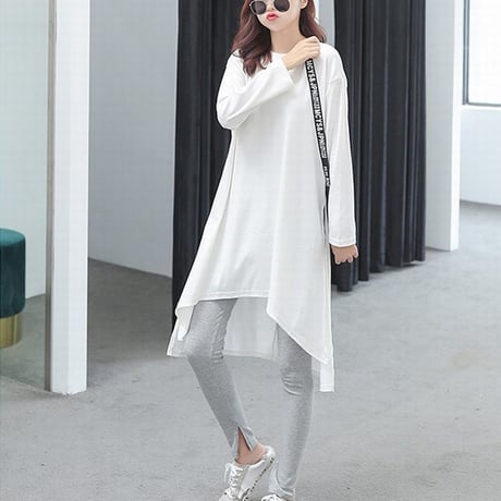 スリットTシャツ ロング丈 全3色 韓国ファッション レディース チュニック ワンピース ゆったり ラウンドネック 無地 ストリート (1RIRIT-025)