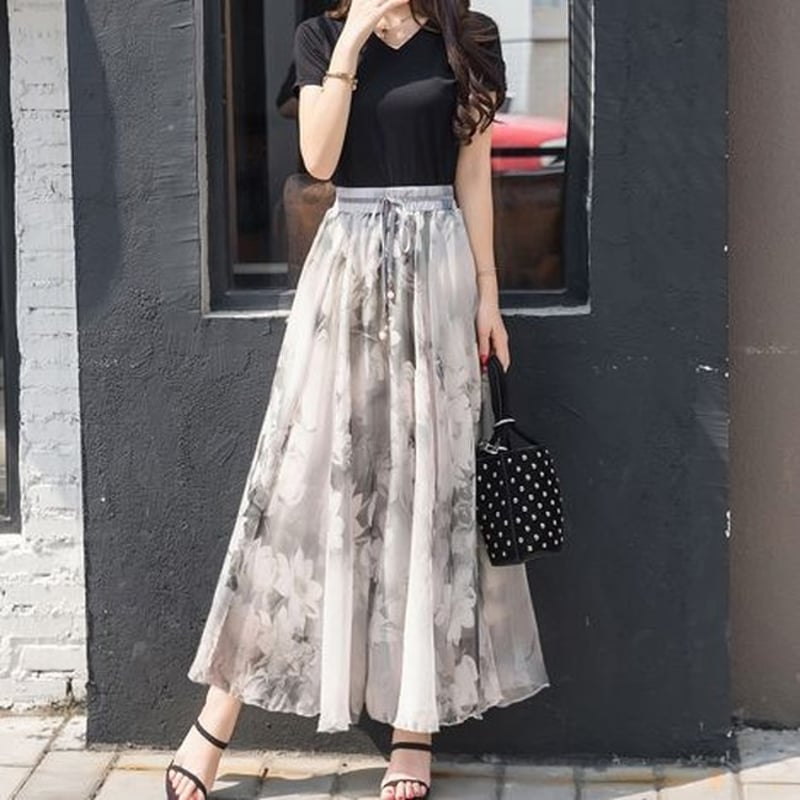 花柄スカート チュールスカート ハイウエスト シフォン 総柄 ロング丈