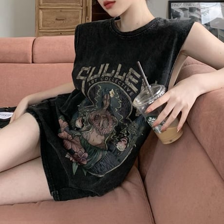 ヴィンテージ風 ノースリーブ ウォッシュ加工 タンクトップ tシャツ トップス オーバーサイズ ルーズ レトロ 大人可愛い ガーリー カジュアル ストリート女子 DTCA-795945053217