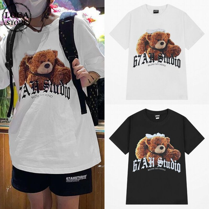 ドッグ プリント Tシャツ 2色 ルーズ ユニセックス 韓国 nr9846 ユニセックス Tシャツ 半袖 クマ ベアー プリント クルーネック