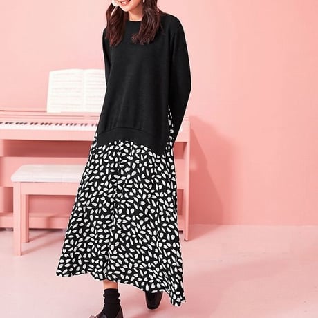 レディース ドッキングワンピース サイドスリット レイヤード風 ニット ロング丈 長袖 フェミニン 韓国ファッション オルチャン (DCT-577605333922)