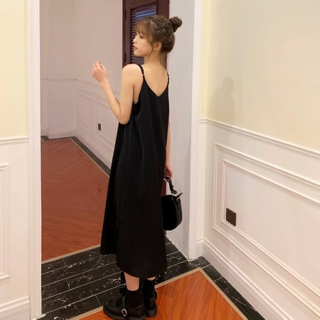 キャミワンピース ロング丈 ノースリーブ ルーズウエスト スリット 韓国ファッション レディース スリングワンピース 大人可愛い ガーリー DTC-641050941433