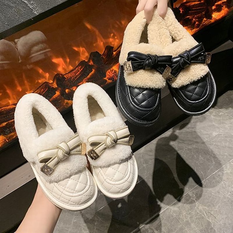 ファーシューズ リボン 22.5～25.0cm ローファー フラット フェイク