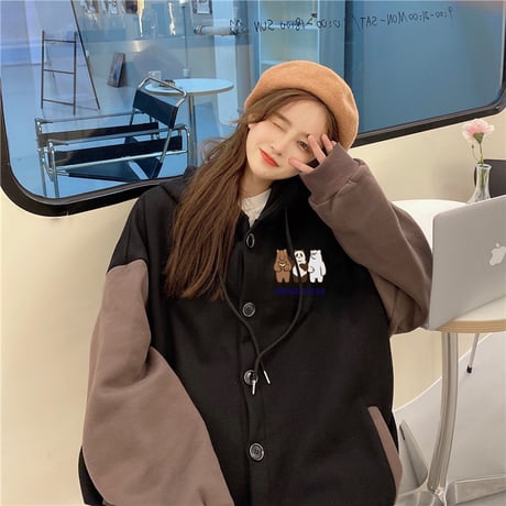 フード付き ブルゾン パーカー 月輪熊 パンダ 白熊 プラスベルベット アウター オーバーサイズ 韓国ファッション レディース ガーリー カジュアル ストリート系 DTC-630016028692