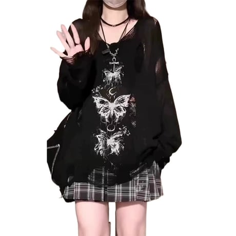 ダメージニット バタフライ グラフィティ プリント 薄手 Vネック ダメージ加工 ニット トップス ゆったり 長袖 レトロ 大人可愛い ガーリー カジュアル DTCA-922603817995