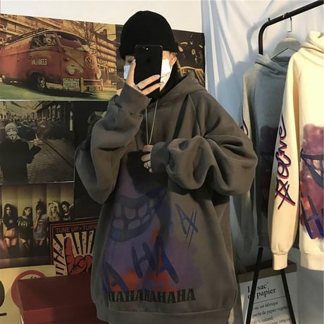 ユニセックス パーカー プルオーバー 裏起毛 韓国ファッション メンズ レディース 落書き ペイント プリント オーバーサイズ ストリート (DTC-607518859009)