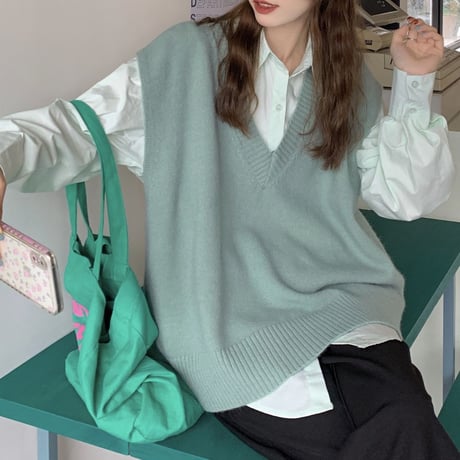 2点セット シャツ ニットベスト Vネック レイヤード ゆったり トップス レトロ 韓国ファッション レディース 大人可愛い ガーリー カジュアル DTC-652316612772