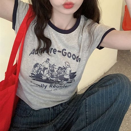 レトロプリント Tシャツ ショート丈 半袖 クルーネック スリムフィット レトロ カジュアル ストリートファッション ストリート系女子 DTCA-702505709620
