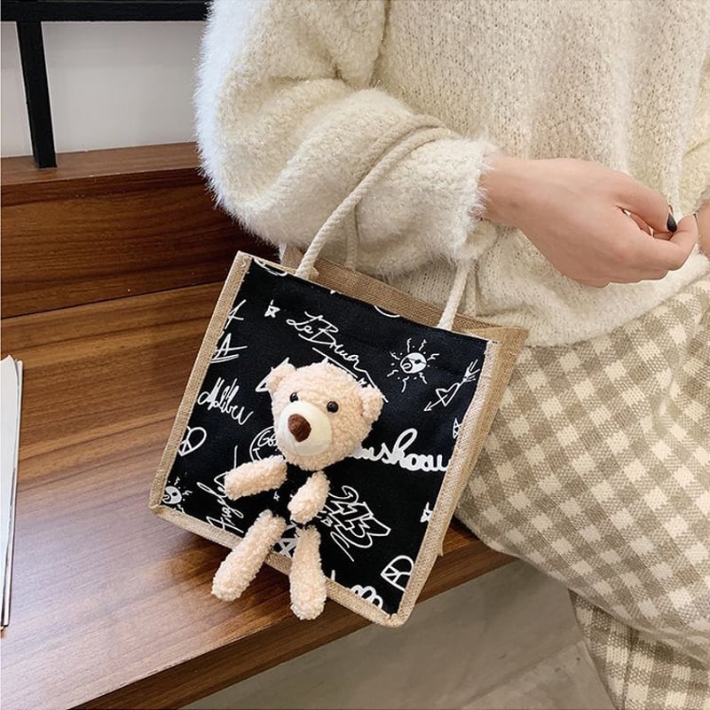 クマのぬいぐるみ付き 麻バッグ リネン ハンドバッグ キャンバスバッグ