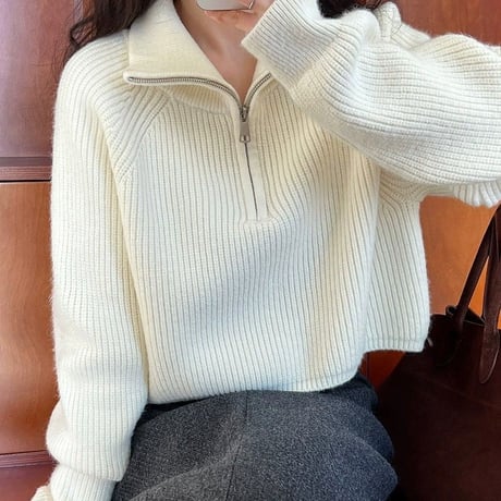 ニット セーター ハーフジップ ハイネック トップス プルオーバー ショート丈 リブニット 長袖 ゆったり レトロ 大人可愛い ガーリー カジュアル DTCA-920444318743