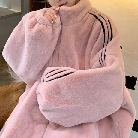 ボアジャケット ボアブルゾン 袖ライン もこもこ ゆったり ボア ラムウール ドロップショルダー ジップアップ 韓国ファッション レディース カジュアル ガーリー DTC-658093490430