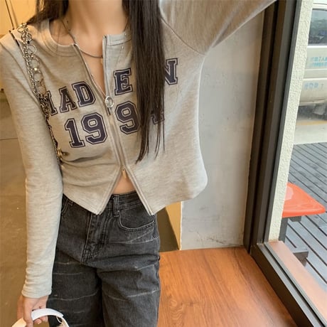 【2カラー】 トップス ジップアップ ショート丈 スリム 古着風 長袖 レトロ 韓国ファッション レディース 大人可愛い ガーリー カジュアル DTC-652255998537
