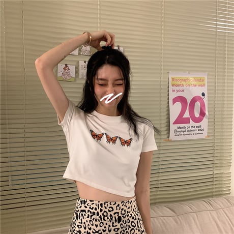 バタフライ Tシャツ 半袖 ショート丈 ホワイト 韓国ファッション レディース 蝶 白 かわいい ガーリー DTC-615764921313_wt