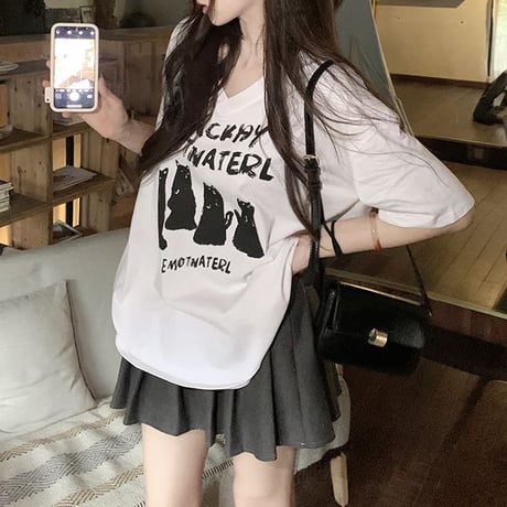 Tシャツ 猫プリント Vネック トップス 半袖 オーバーサイズ ルーズ レトロ 韓国ファッション レディース 大人可愛い ガーリー カジュアル DTC-711400135117