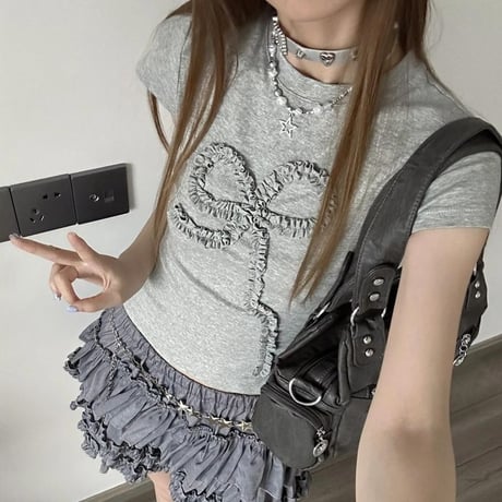 立体リボン Tシャツ リボンコード フリル タイト スリムフィット ショート丈 クルーネック 半袖 レトロ 大人可愛い ガーリー カジュアル DTCA-802763810438