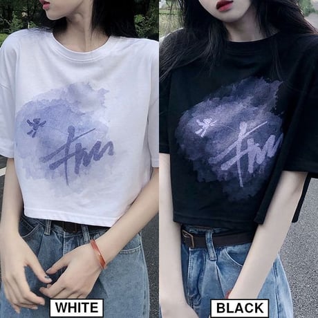 Tシャツ クロップド丈 半袖 グラフィックプリント トップス ショート丈 クルーネック レトロ 韓国ファッション レディース 大人可愛い ガーリー カジュアル DTC-647653058151