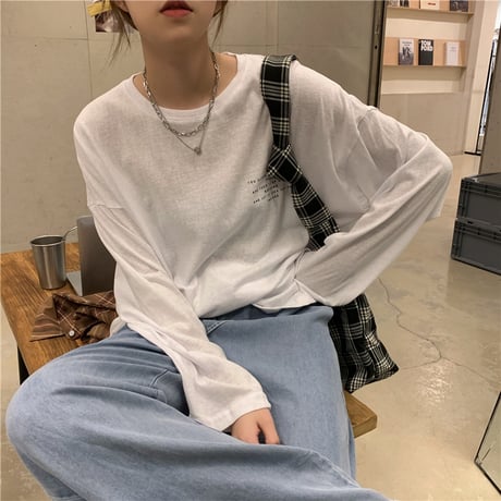 Tシャツ 2カラー 長袖 ルーズ 韓国ファッション レディース トップス 英字プリント シンプル ラウンドネック オーバーサイズ カジュアル かわいい 626233161455