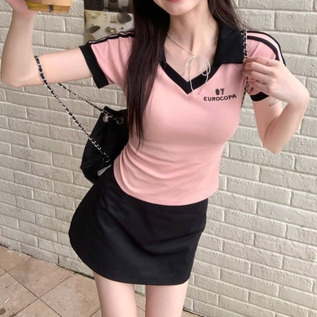 Tシャツ Vネック 袖ライン ポロカラー スリムフィット へそ出し ポロシャツ 半袖 レトロ 韓国ファッション レディース 大人可愛い ガーリー DTCA-959964838030