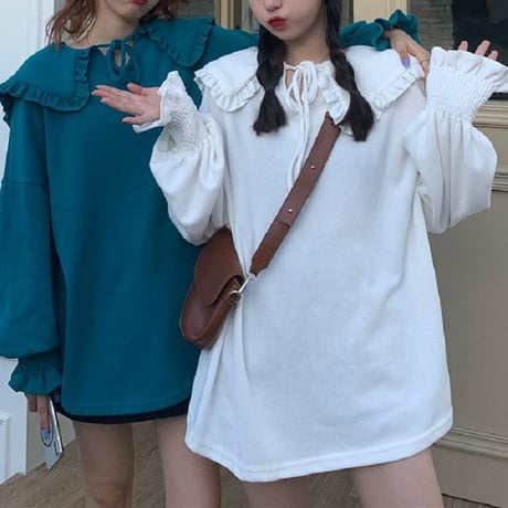 大きい襟 トップス トレーナー ブラウス 長袖 ルーズ レトロ 韓国ファッション レディース 大人可愛い ガーリー フェミニン DTC-654704055754