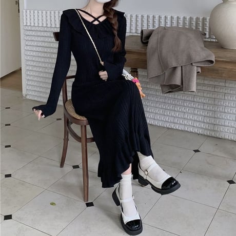 マーメイドフリル ニットワンピース スリム フィッシュテール フリル ロングワンピース ハイウエスト 長袖 韓国ファッション レディース 大人可愛い ガーリー DTC-739945841107