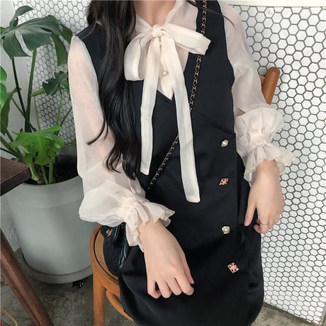 ワンピース フェイクレイヤード ボウタイ ブラウス ジャンパースカート 韓国ファッション レディース ガーリー ハイウエスト レトロ DTC-600815456119